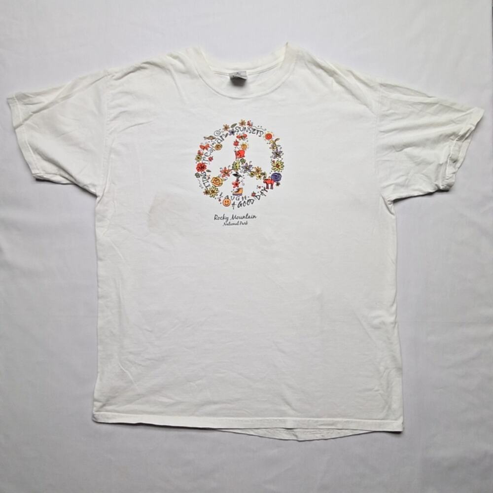 Rocky Mountain National Park Peace Shirt Whimsical Nature Graphic L White Tee